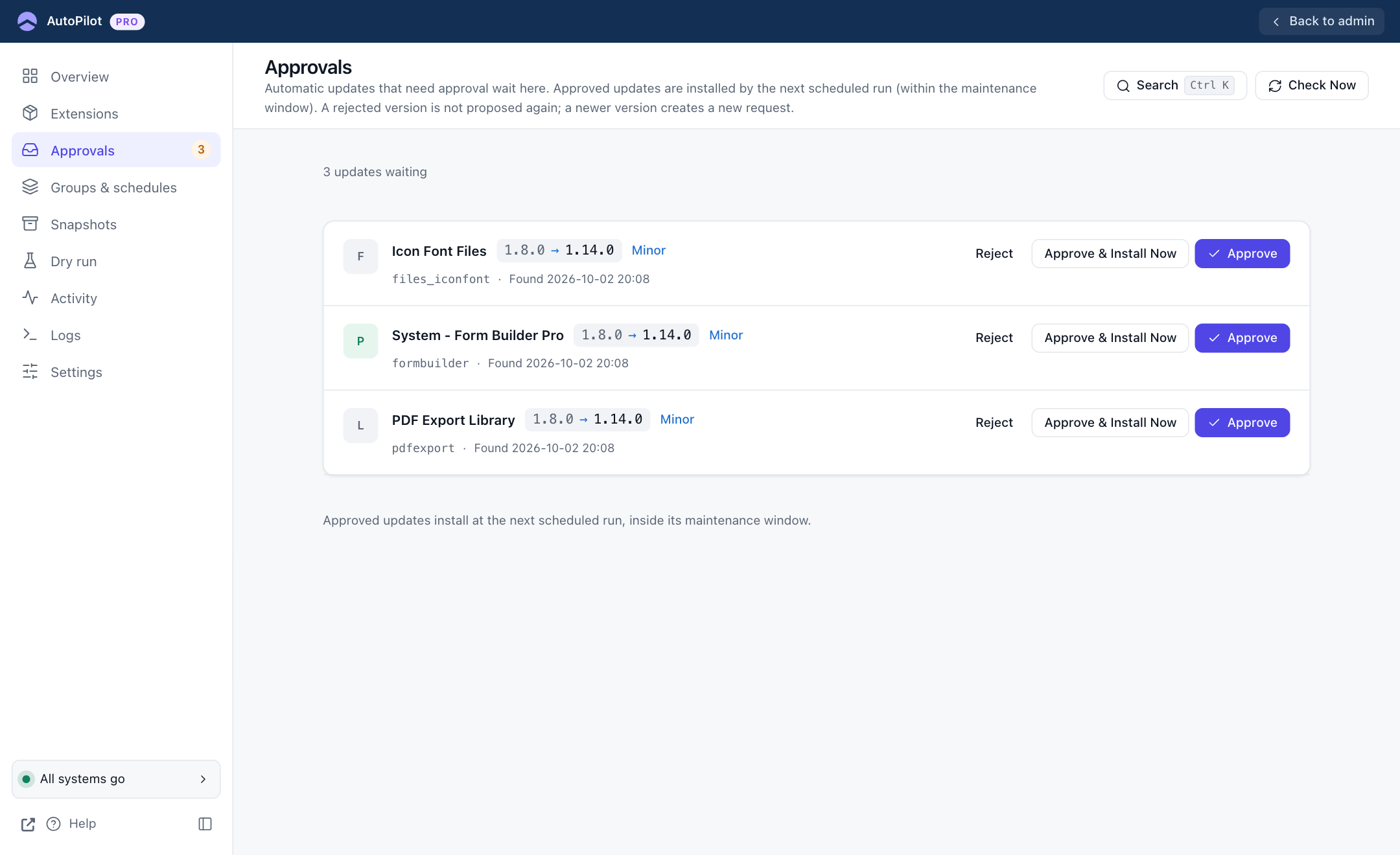 Approvals view with three updates waiting, each with Reject, Approve and Install Now, and Approve