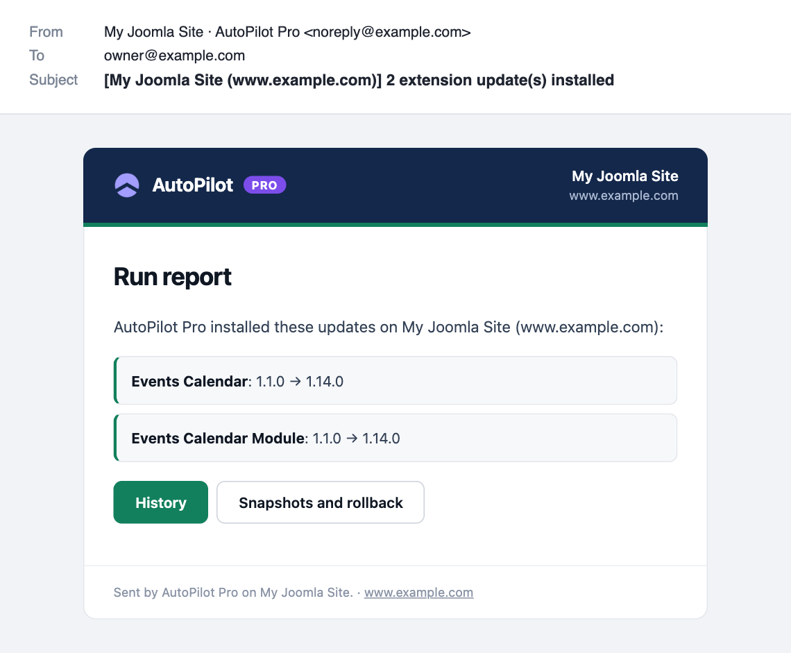 Run report email from My Joomla Site listing two installed extension updates