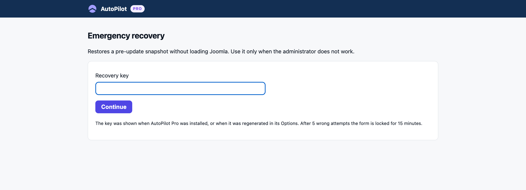 Emergency recovery page asking for the recovery key, shown without the Joomla administrator