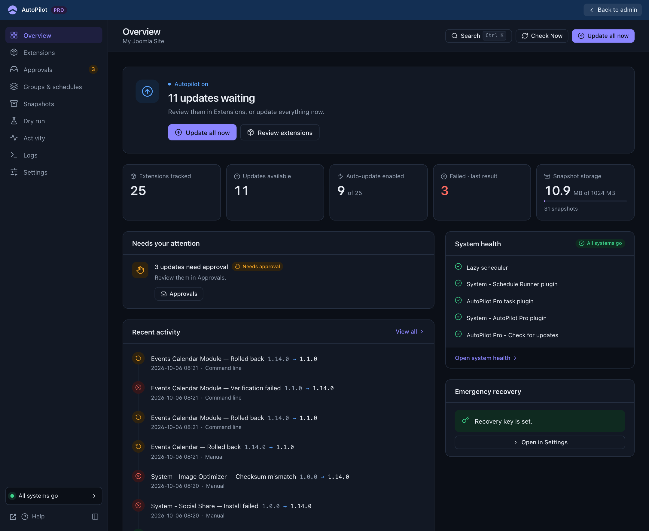 The AutoPilot Pro Overview in Joomla's dark theme