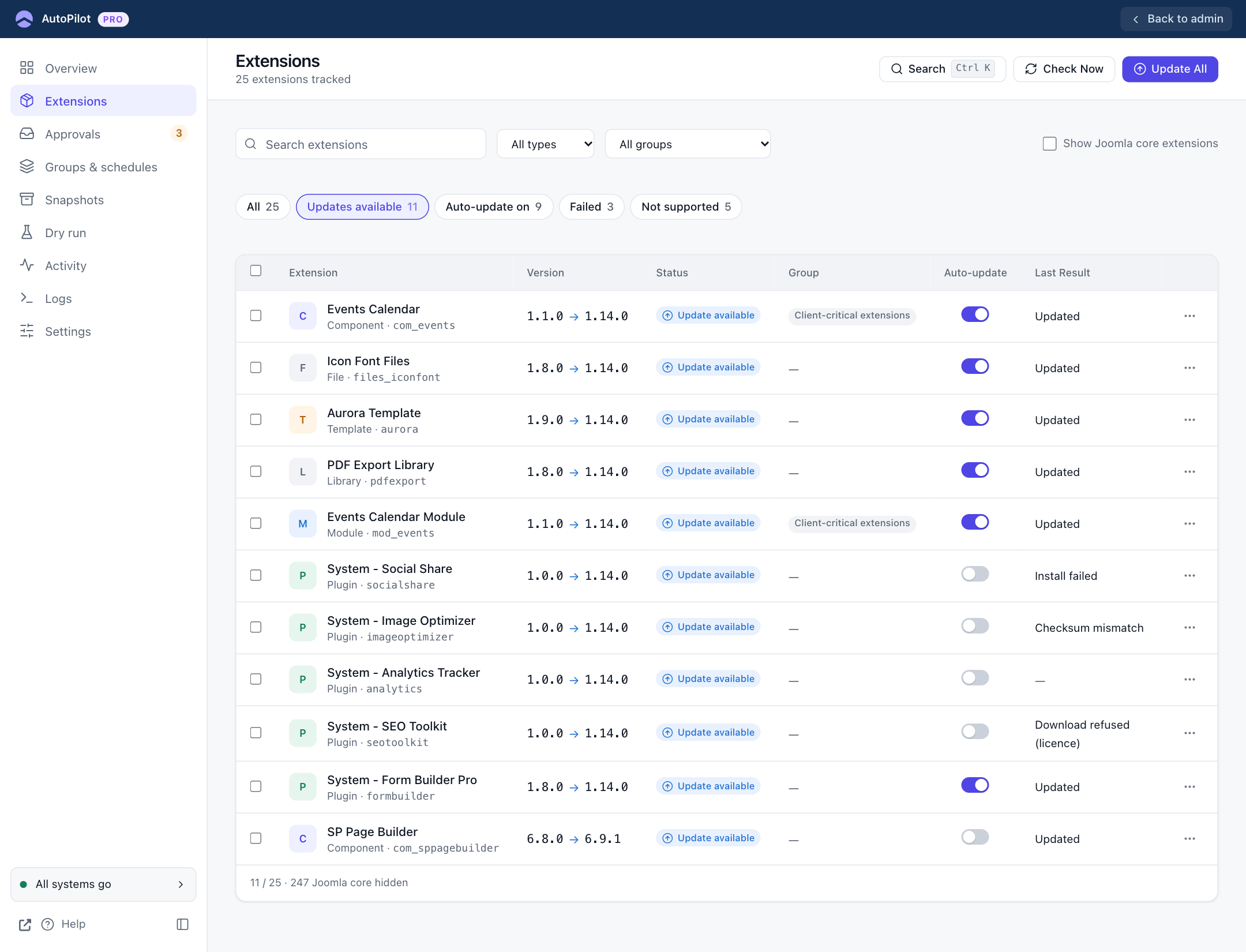 Extensions filtered to available updates