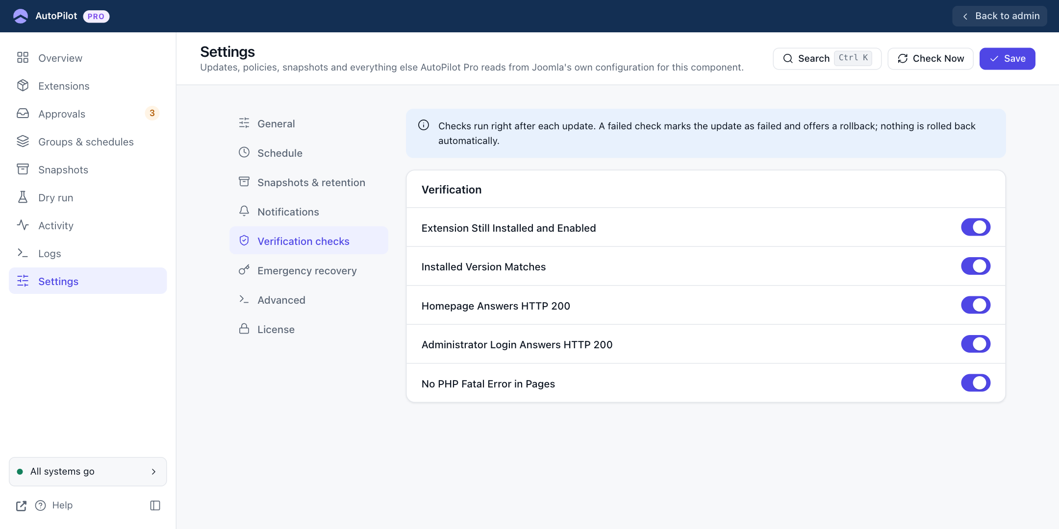 Settings: Verification checks