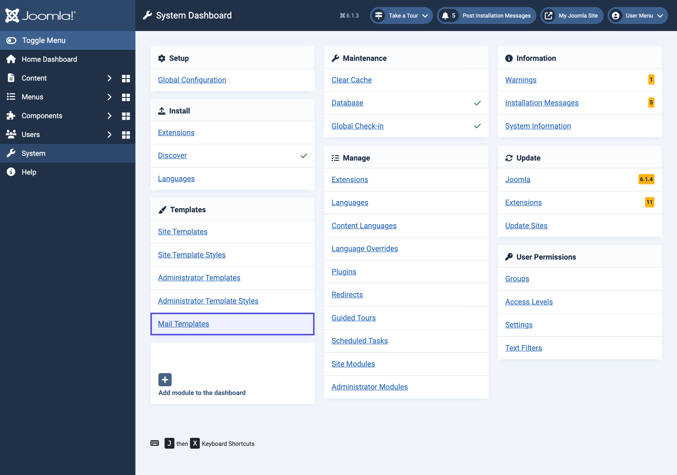 Mail Templates on Joomla's System dashboard