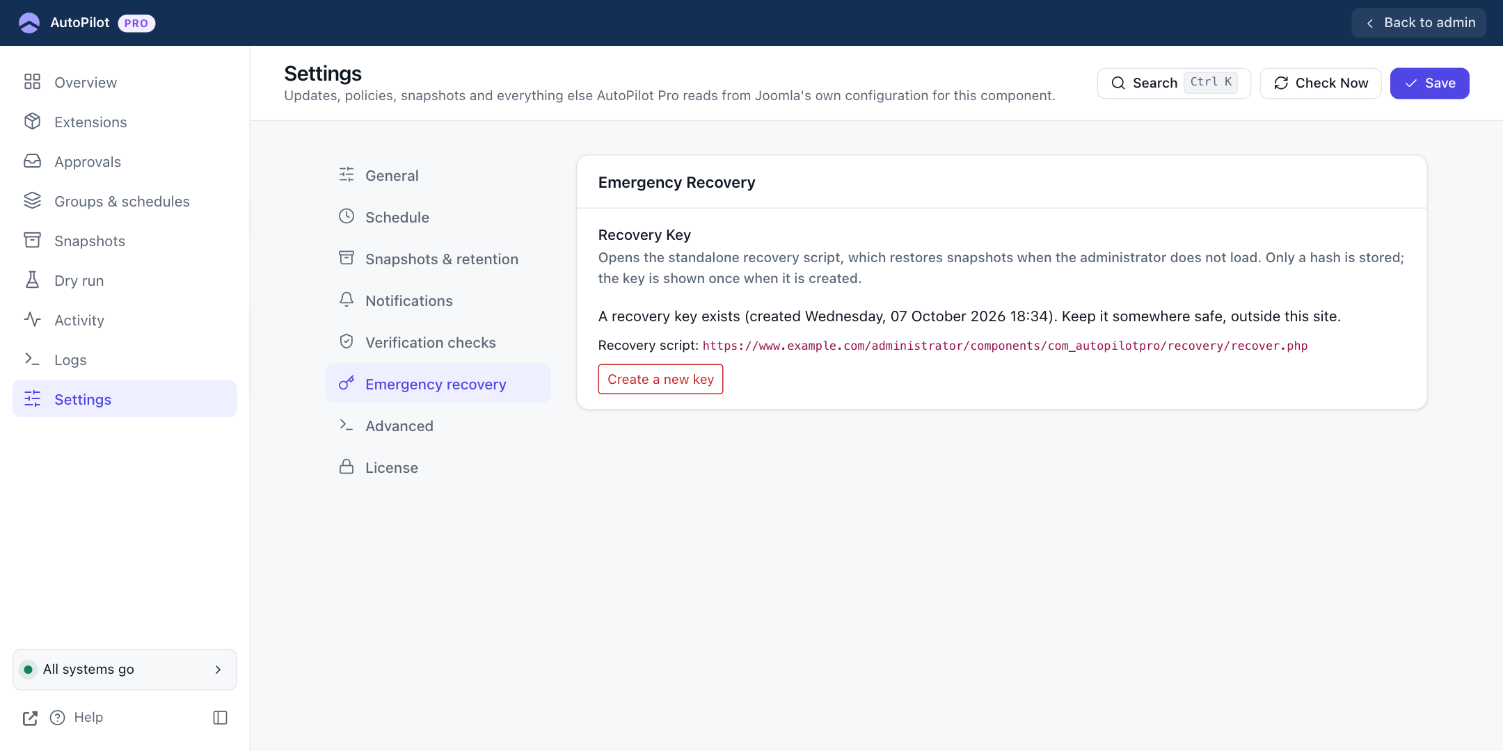 Settings: Emergency recovery