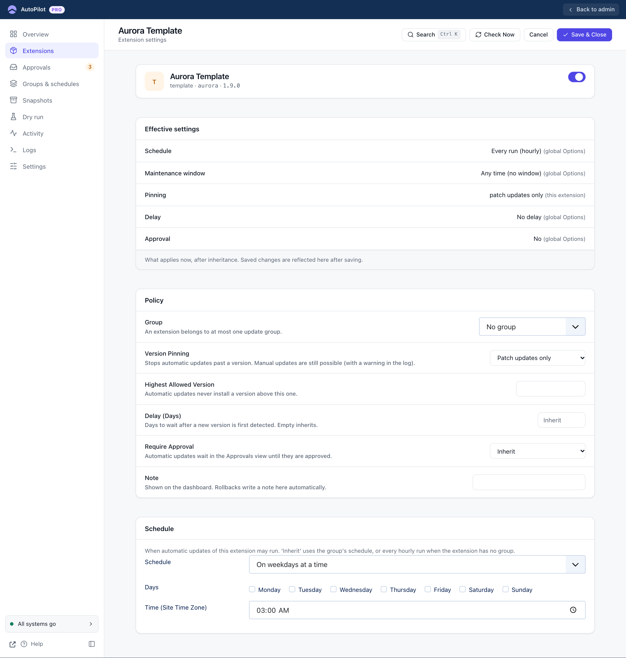 The full extension settings page with its Schedule section