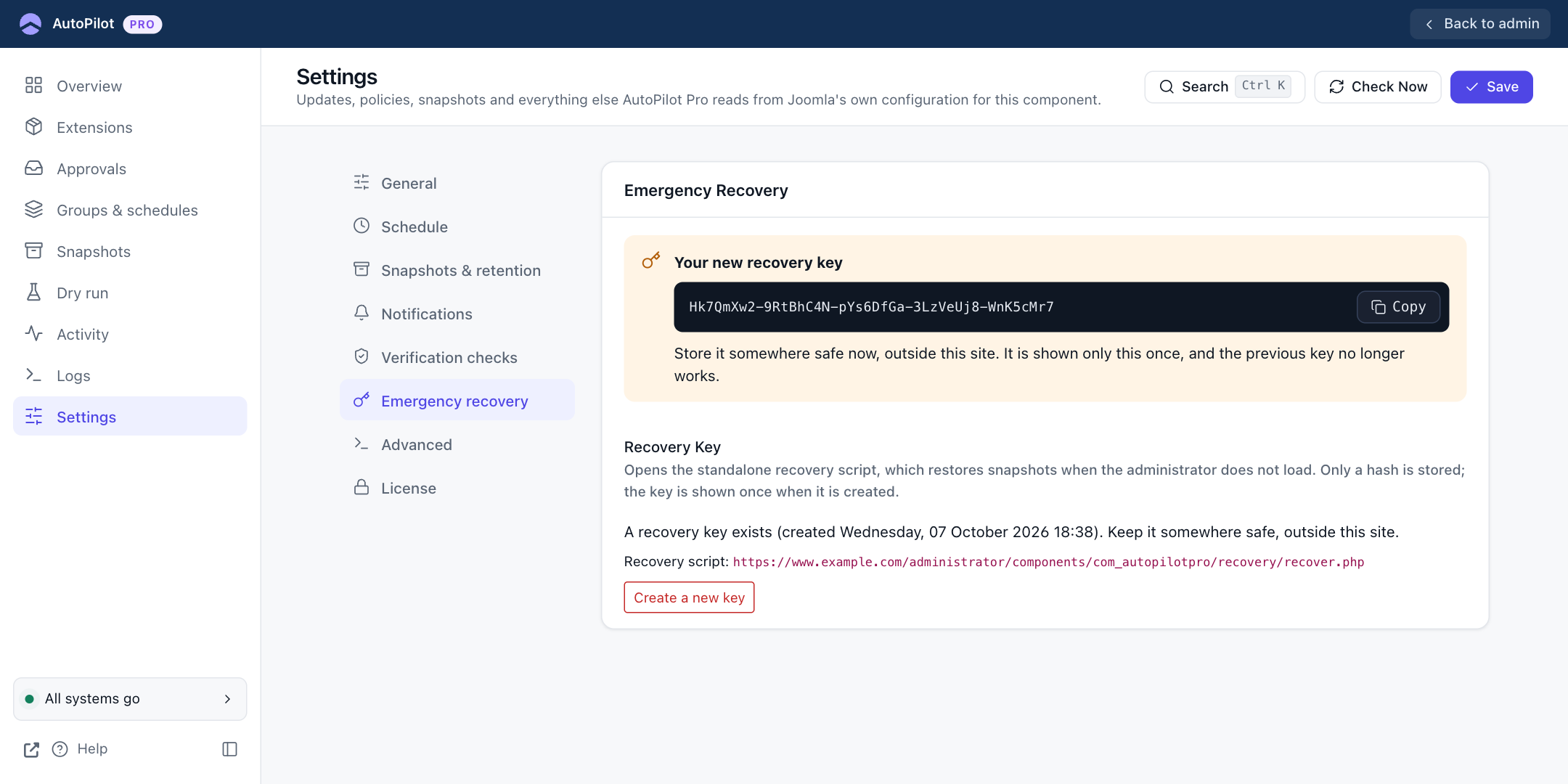 The new recovery key, shown once