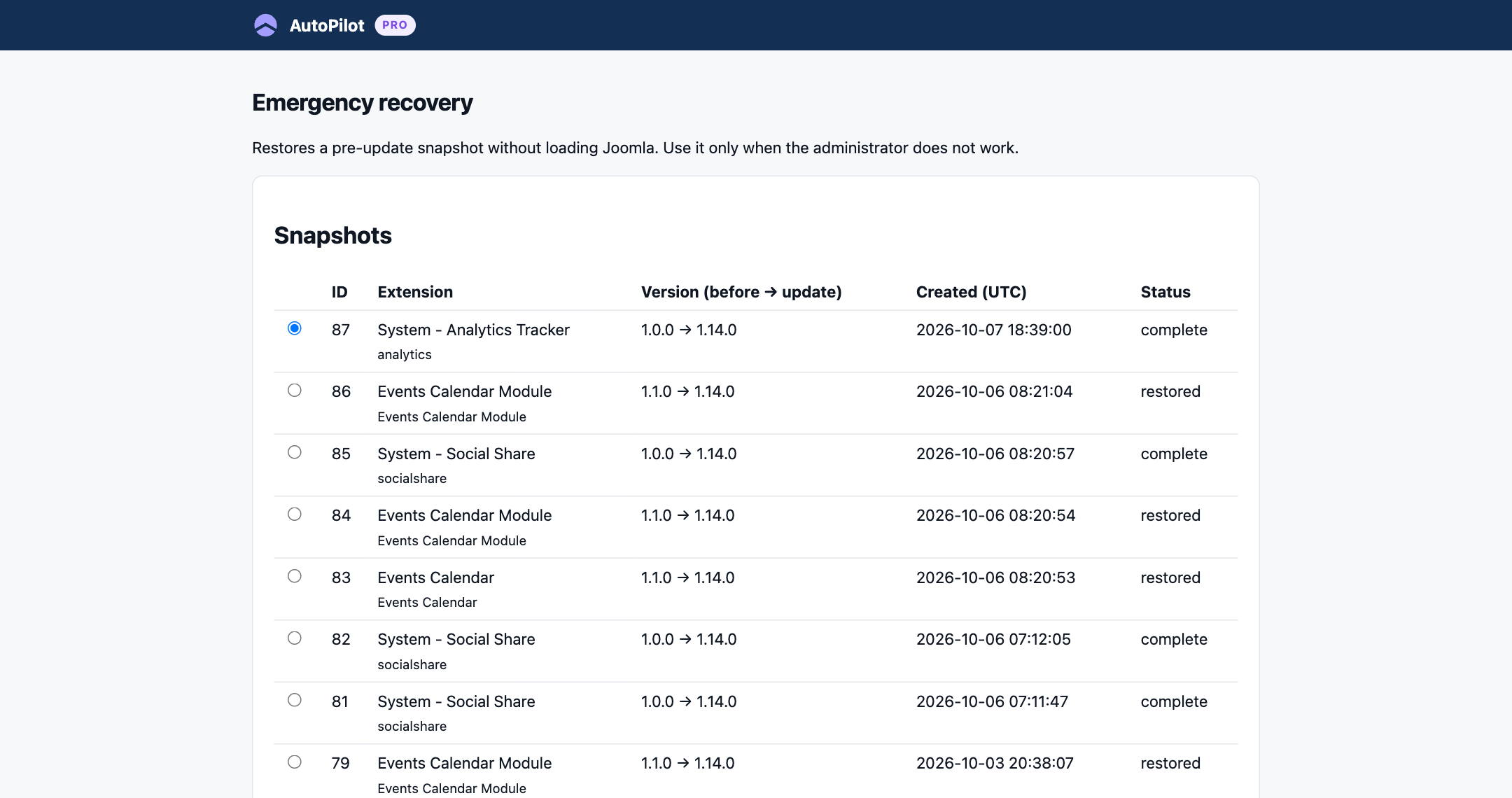 The list of snapshots on the recovery page