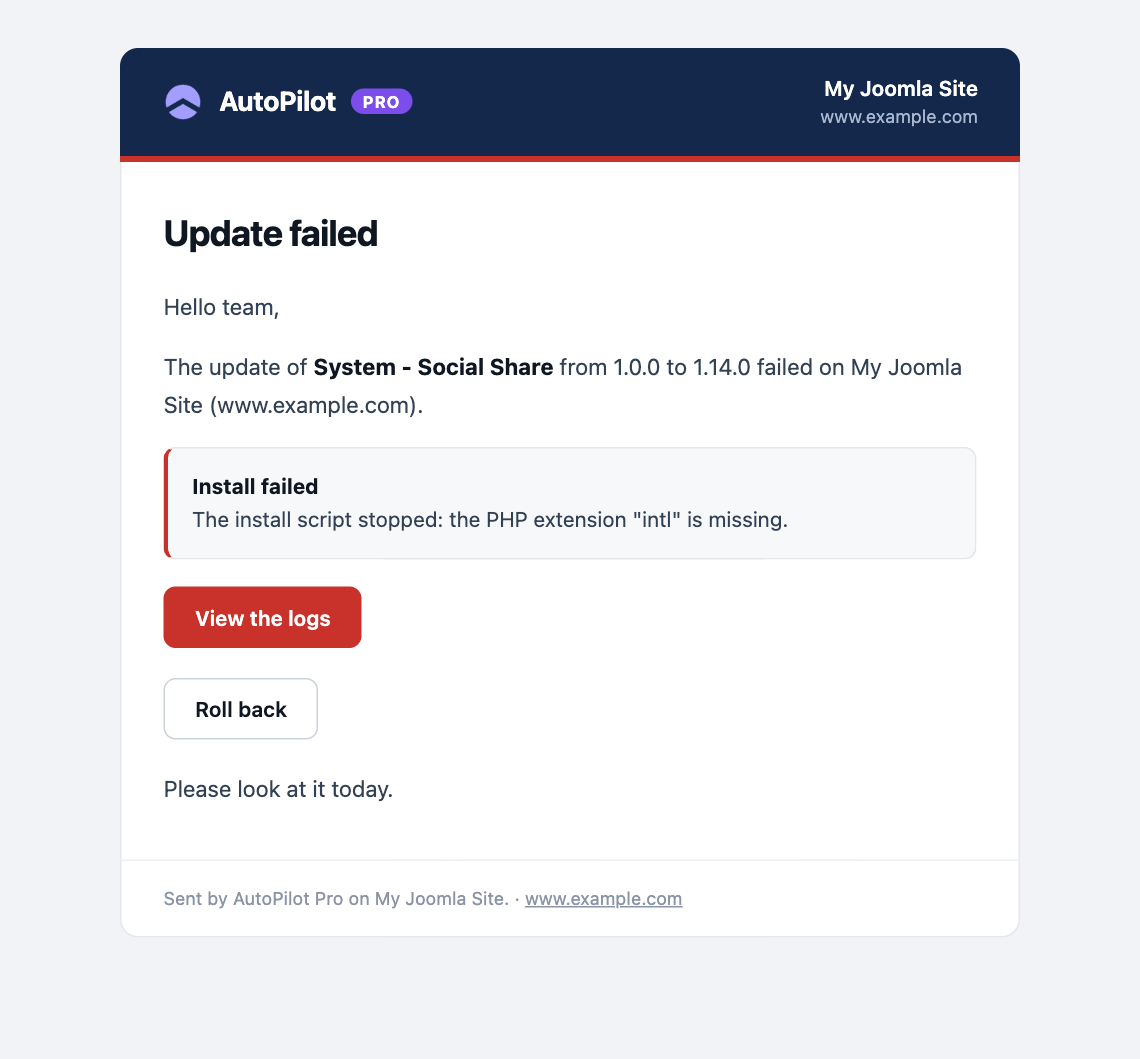 The email with the changed text