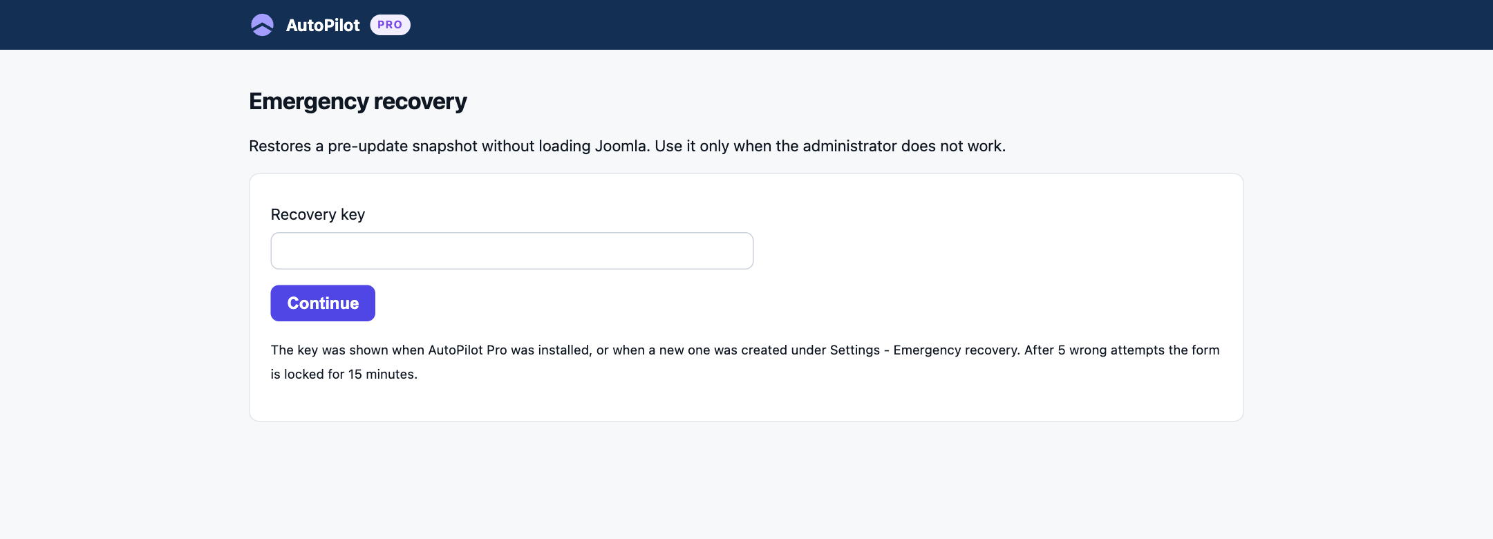 The recovery page asks for the key