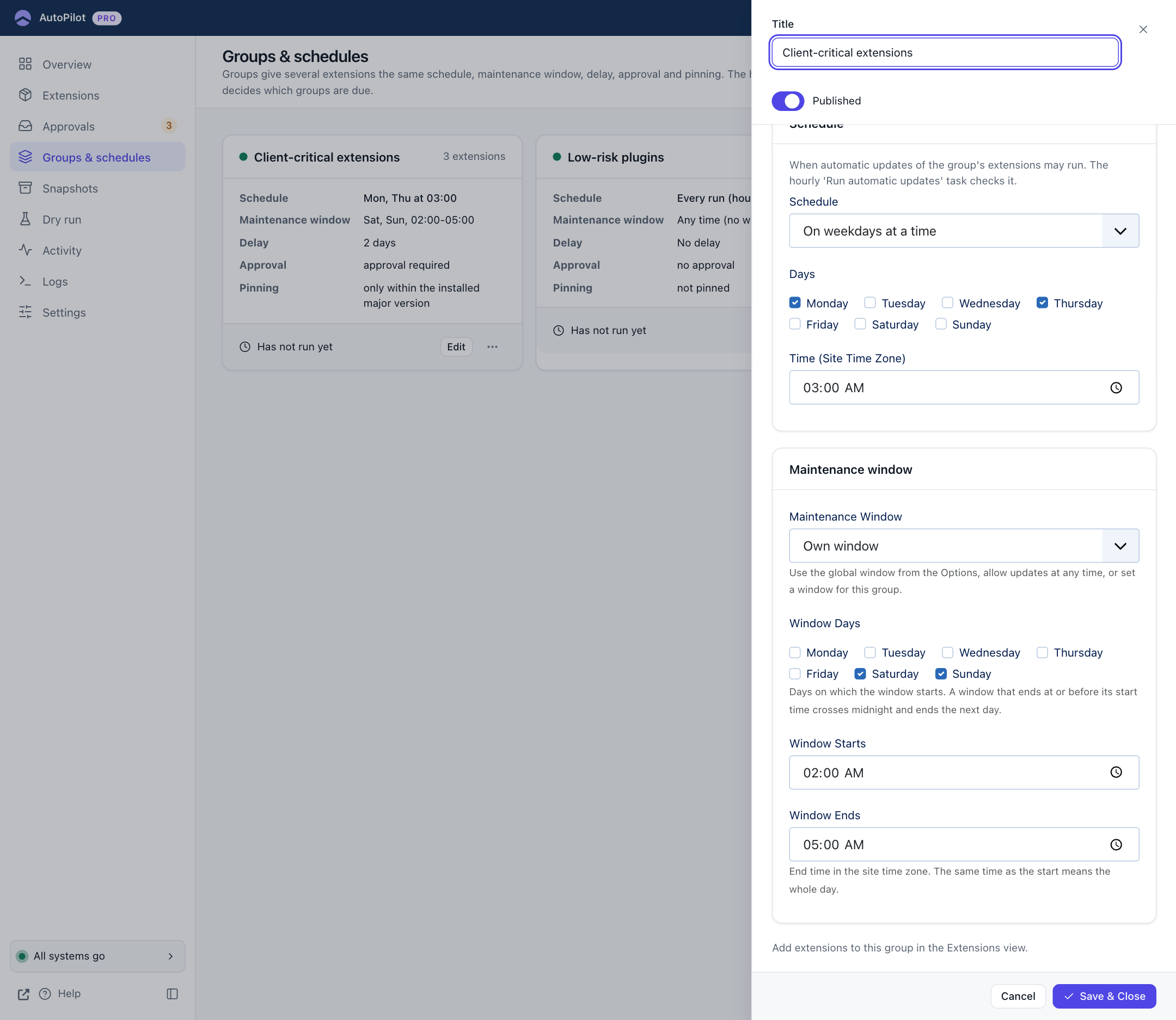 The group editor: schedule and maintenance window