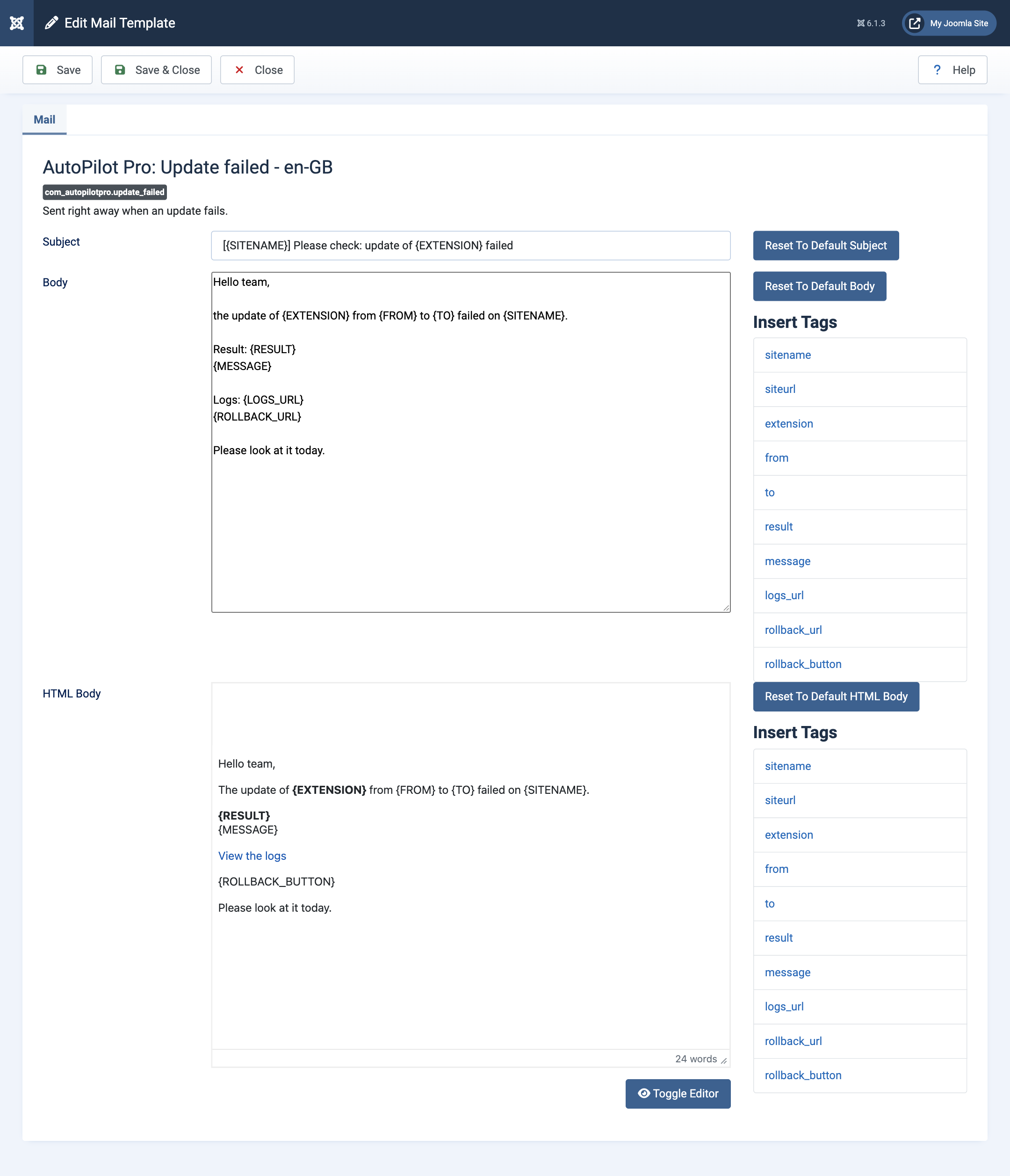 Editing a mail template